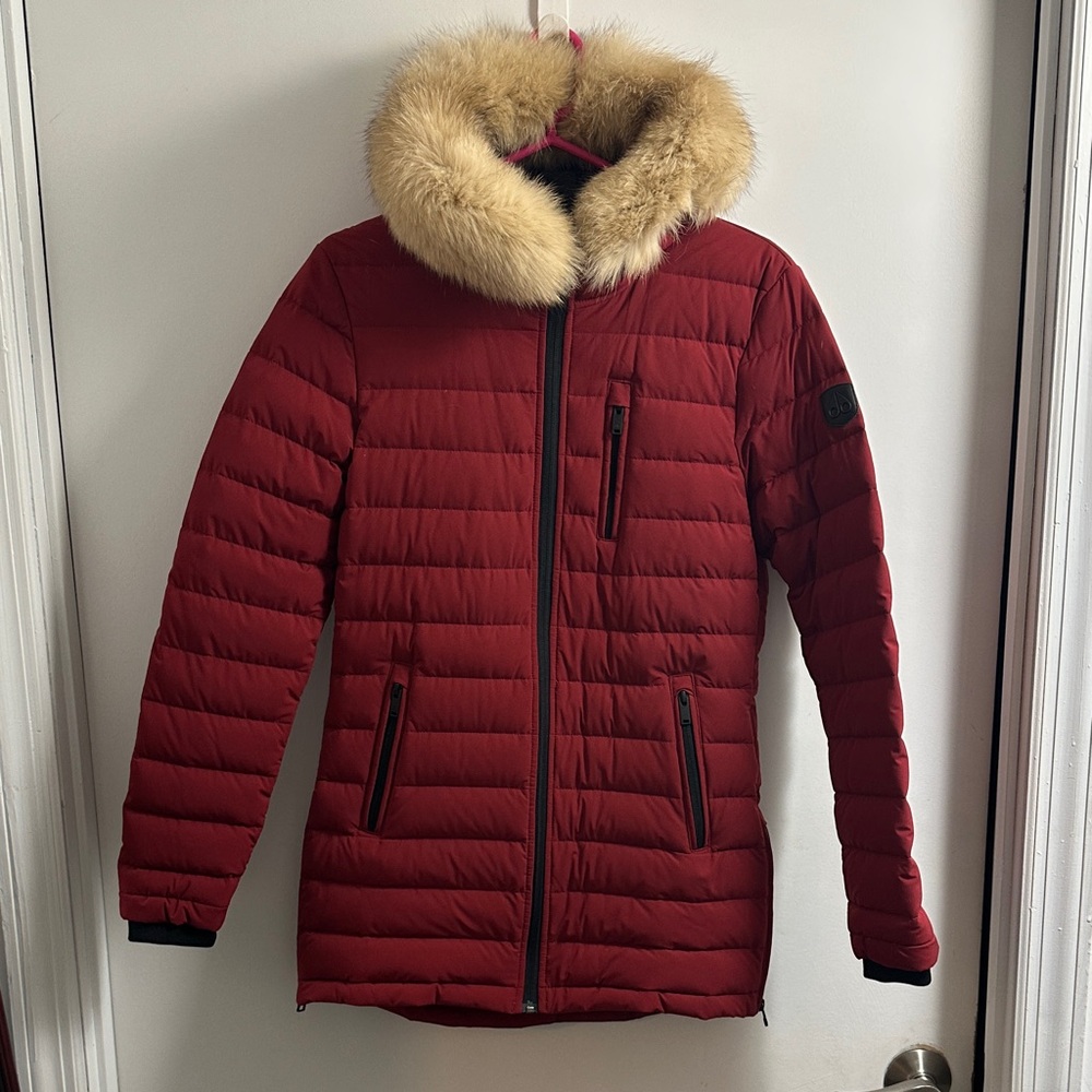 Moose Knuckles Burgundy Puffer Jacket with Fur Hood